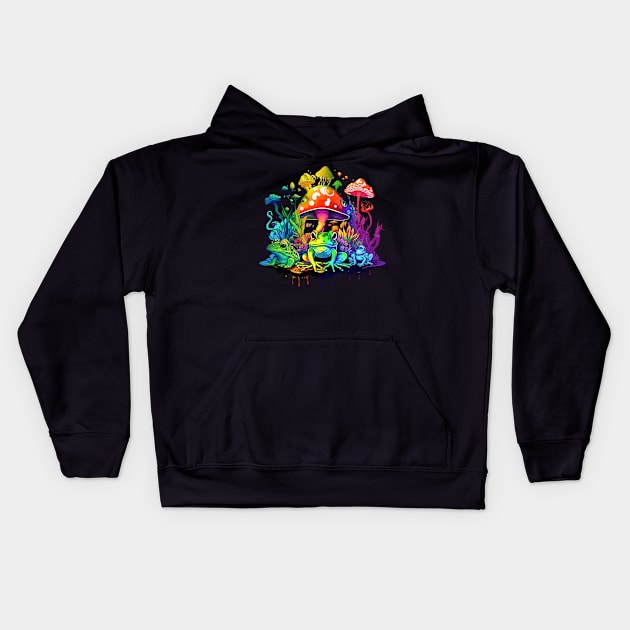 Frogs And Colorful Mushrooms Kids Hoodie by Fiery Shirt